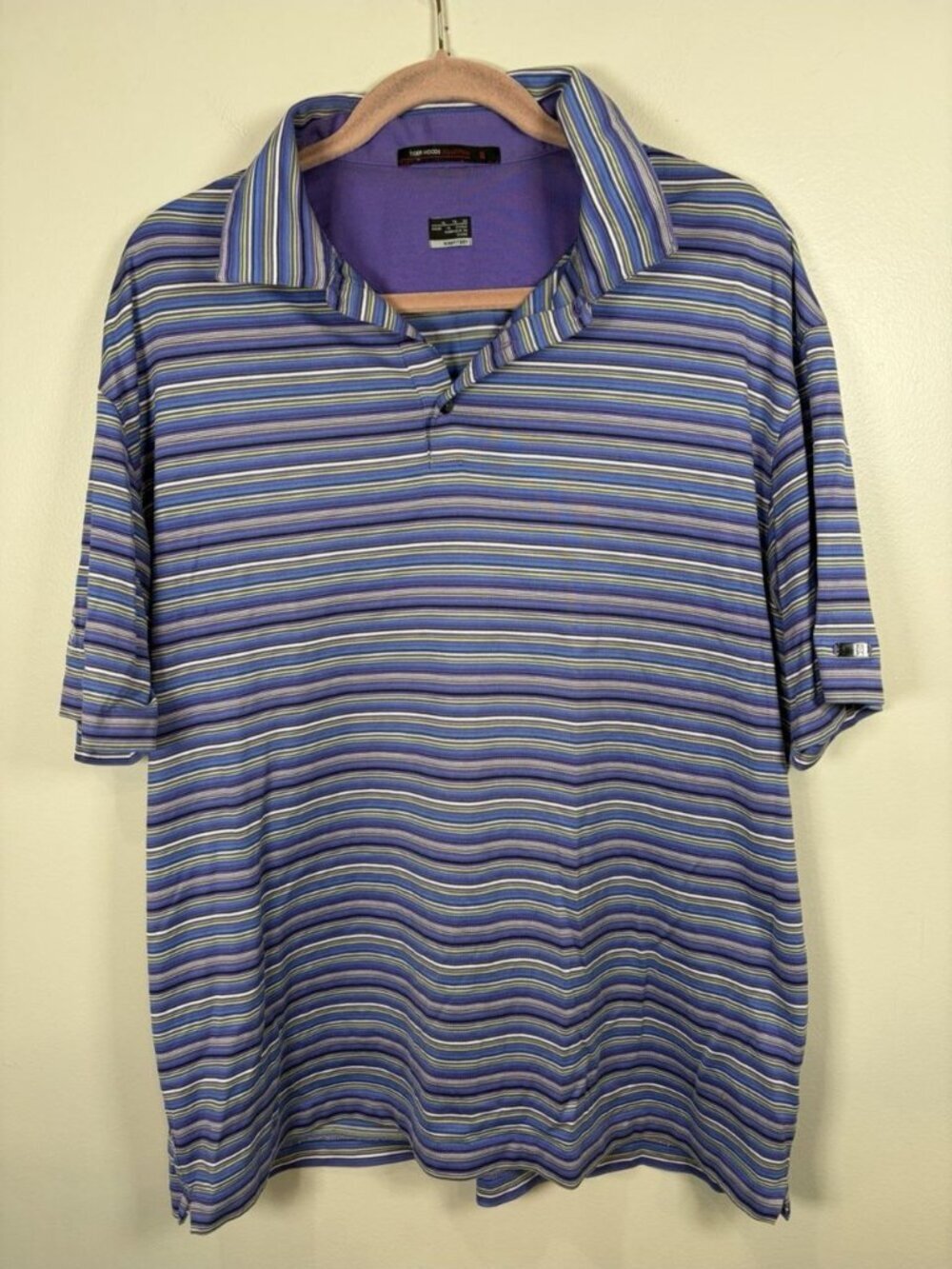 Nike Fit Tiger Woods Striped Short Sleeve Polo Shirt Size XL Blue Purple Logo
